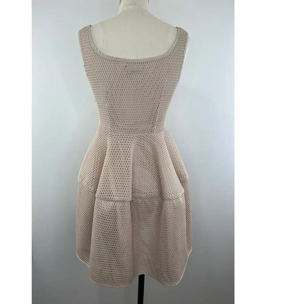 GRACIA Blush Neutral Beige Honeycomb Mesh Fit & Flare Mini Dress M Medium